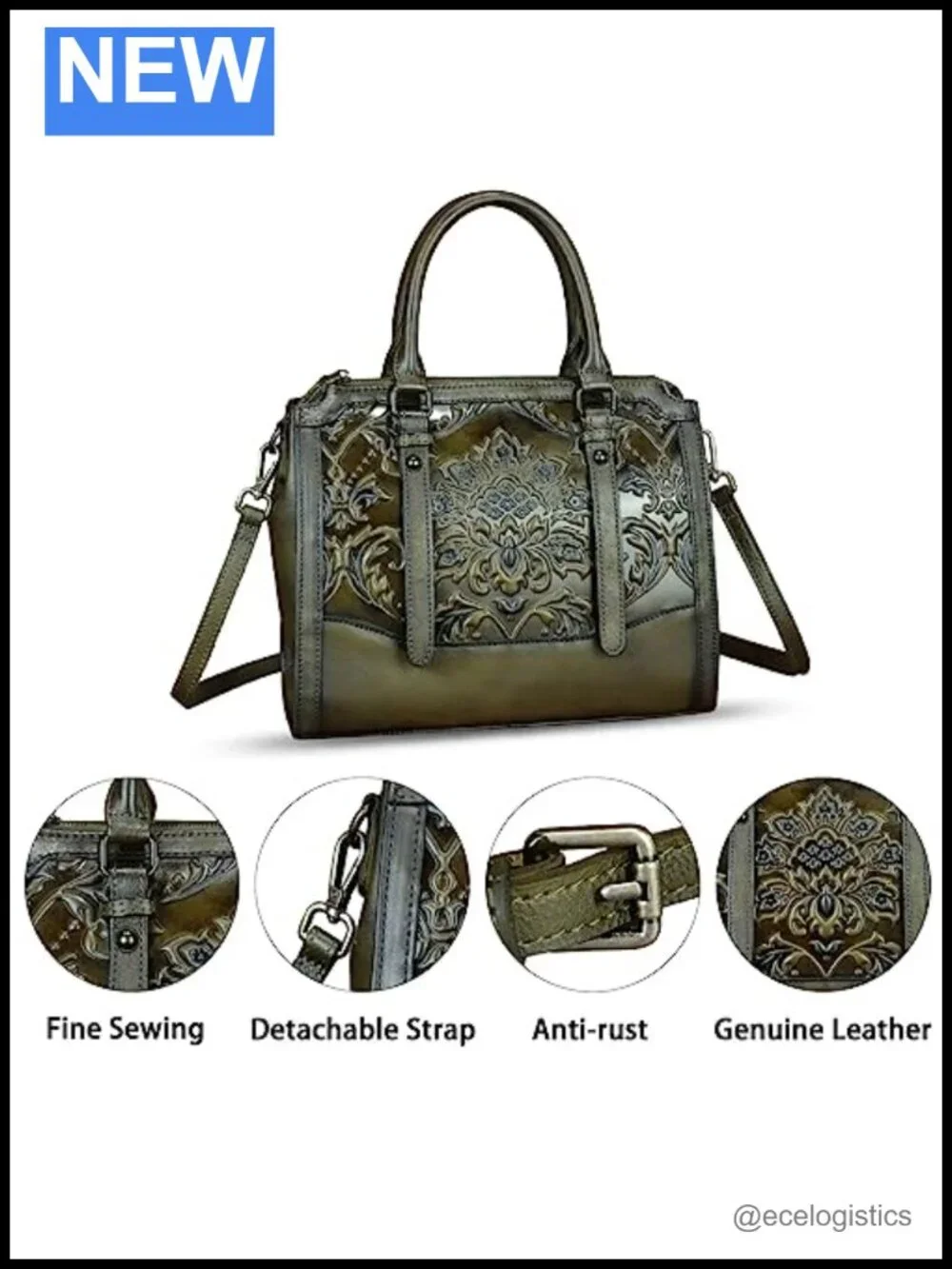 Genuine Leather Vintage Embossed Satchel Handbag Crossbody Shoulder Bag